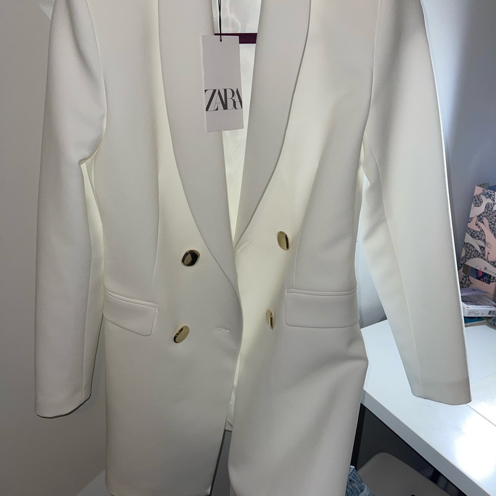 Zara White Double Breasted Long Blazer